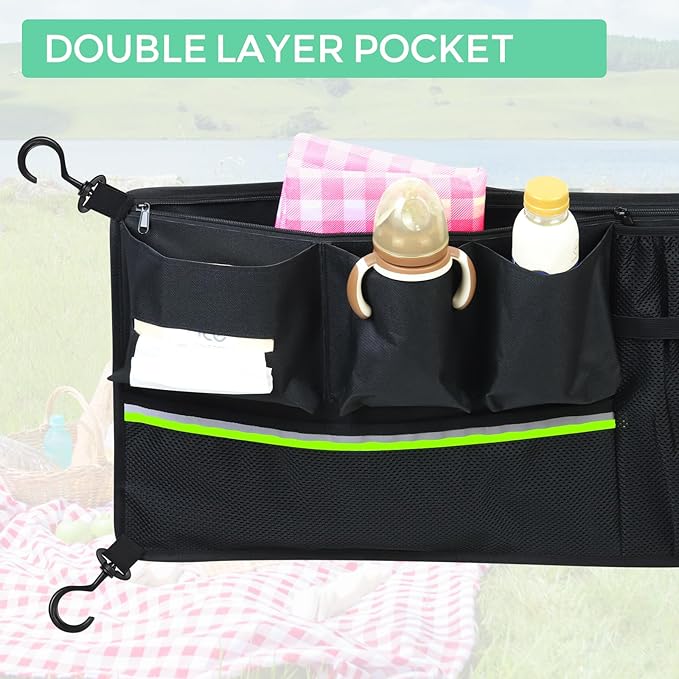 Stroller Wagon Cargo Net,Double-Layer Side Pockets Attachment for WONDERFOLD,Foldable Mesh Sorting Organizer Bag with Extra Storage Space