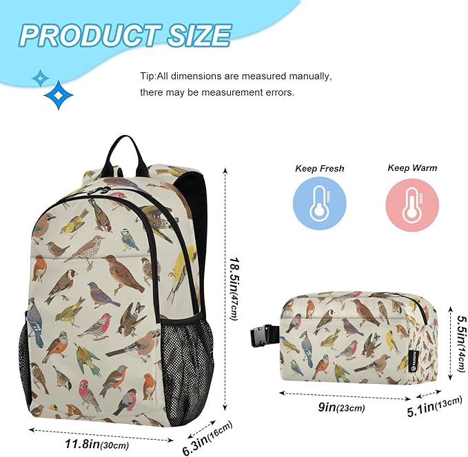 Jucciaco Vintage Birds Backpack with Lunch Bag, School Travel Backpack for Teens Boys Girls Kids Backpacks Set
