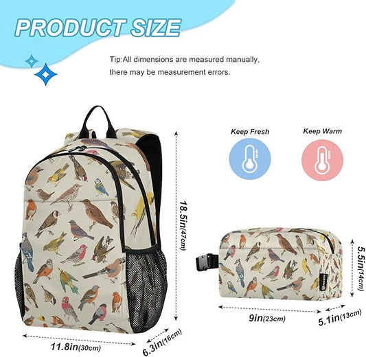 Jucciaco Vintage Birds Backpack with Lunch Bag, School Travel Backpack for Teens Boys Girls Kids Backpacks Set