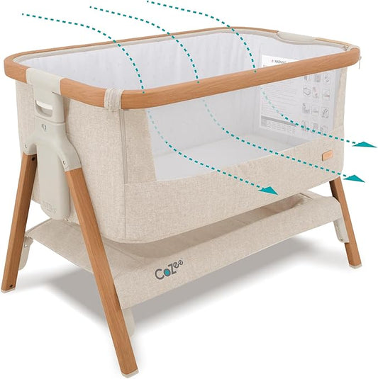 Tutti Bambini CoZee® 2-in-1 Baby Bassinet & Bedside Sleeper - Fast-Folding Bedside Bassinet, Baby Crib with 6 Mattress Heights & Breathable Mesh Window, Mattress Included, 0-6 Months (Walnut & Ecru)