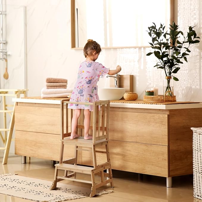 COSYLAND Toddler Kitchen Step Stool Helper - Wooden Standing Tower for Kids with Anti-Tip Support Legs (Natural)