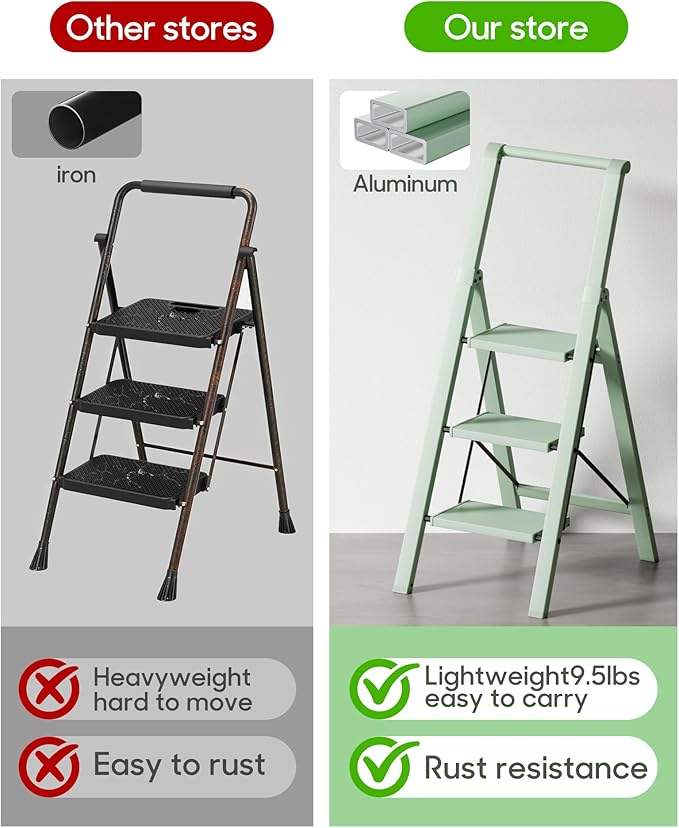 HillhutApex 3 Step Foldable Aluminum Step Ladder with Handgrip, Anti-Slip Pedal, 330 lbs Capacity, Lightweight & Portable for Home, Kitchen, Office, Garage (Pale Green)