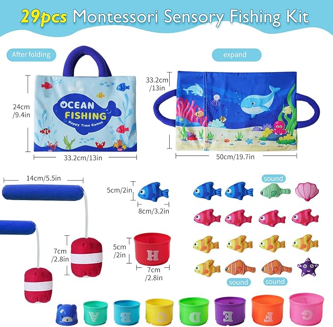 Montessori Toys for Toddlers, 29-Piece Cloth Fishing Game Set with Stacking Cups, Perfect for Toddler Birthday Gifts, Sensory Fishing Toy for Babies, Double Fishing rods