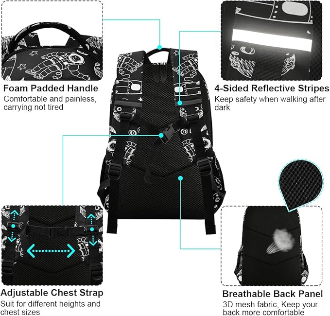 MNSRUU School Backpack with Chest Strap, Cartoon Astronaut Planet And Rocket Laptop Backpack, Travel Hiking Backpack for Boys Girls, Rucksack, Knapsack