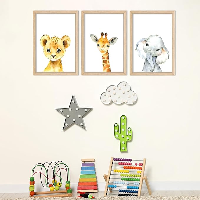 YWJKWLGS Baby Safari Nursery Wall Decor 16"x24" Set of 3 Cute Animal Giraffe Elephant Lion Prints Sign Wood Framed for Children's Room Wall Art (Wood)