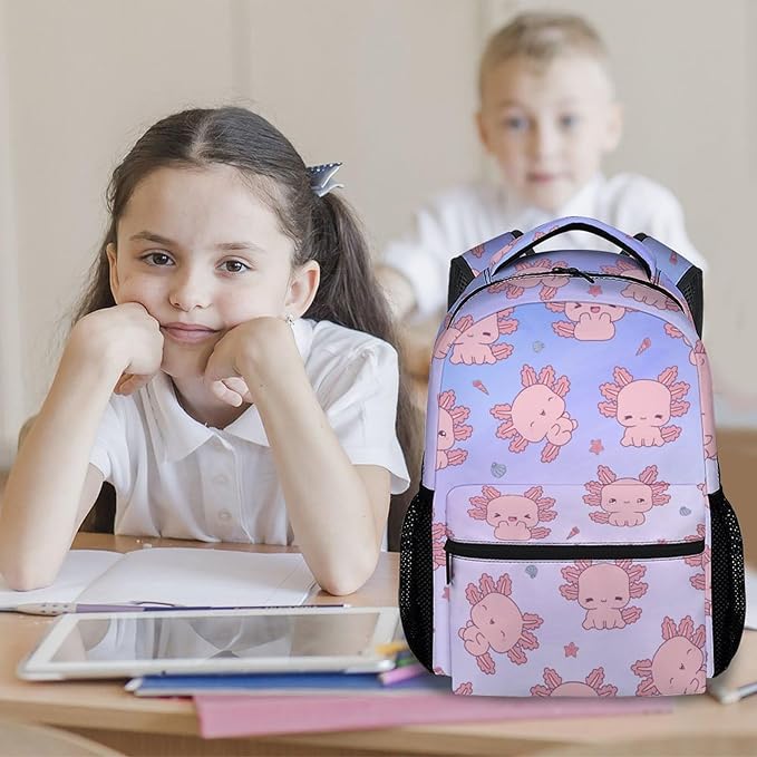 COZYAURA Girls Backpack - 17 Inch Large Capacity Axolotl Bookbag - Lightweight Kids' Backpacks for Elementary, Preschool & Travel