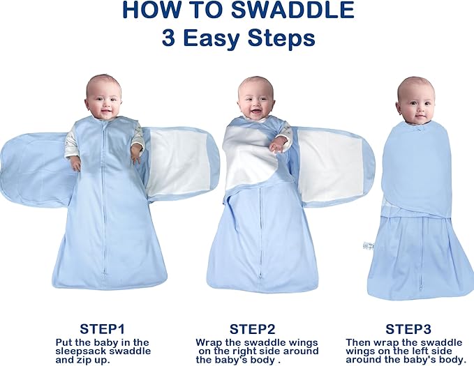 Baby Sleep sack Swaddle,Swaddles 3-6 Months,3-Way Adjustable Wearable Transition Blanket 100% Organic Cotton 2-Piece,12-18 lbs,1.0 TOG(Blue&Grey)