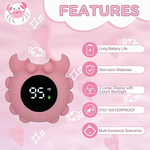 Crab Baby Bath Thermometer Newborn, Safety Baby Water Thermometer & Room Temperature Alert with 3-Color LED, Floating Digtal Bathtub Temperature Toy Gift for Infant, Toddler