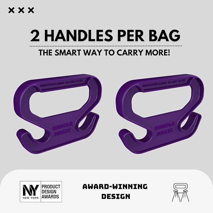 Handle Magic (2 Units) Bag Carriers | Ergonomic Grip and Bag Holder | Pocket Size | Lightweight & Comfortable for Shopping & Travel - Made in USA (Purple)