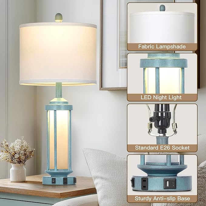 Farmhouse Table Lamps Set of 2 for Living Room, 27" Tall Rustic Vintage Table Lamp with USB A+C Charging Ports & AC Outlet, Modern Retro industrial Nightstand Bedside Lamp for Bedroom Side Table Decor