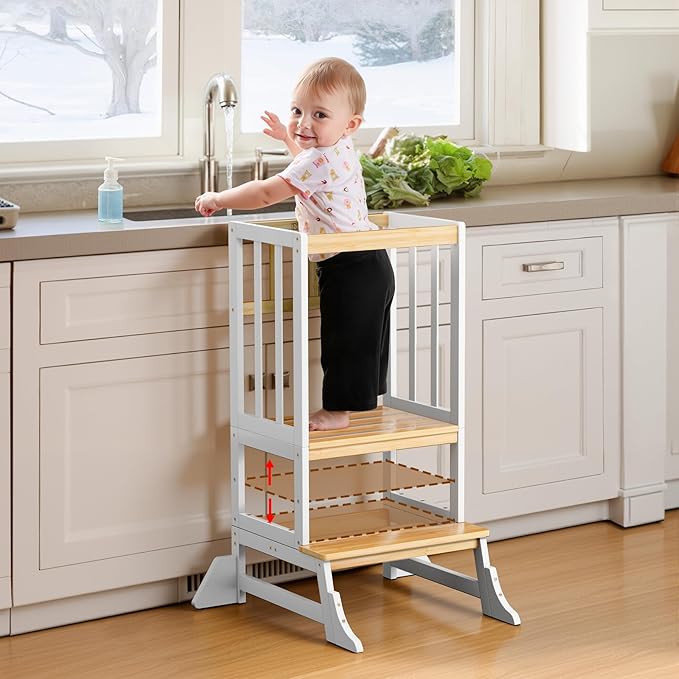 COSYLAND Kitchen Tower for Toddlers with Anti-Tip Support – Lightweight Toddler Kitchen Stool Helper for Bathroom Living Room Dining Room – Solid Bamboo Standing Tower (Natural & White)
