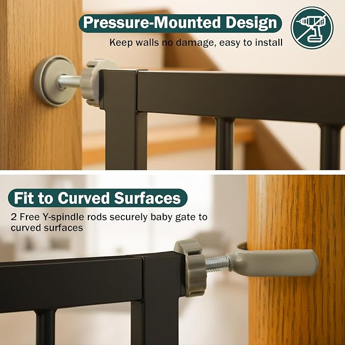 Mumeasy 36" Extra Tall Dog Gate, Auto Close Baby Gate for Stairs Doorways, 29.7-46" Wide Walk Thru Child Safety Gate for House, Easy Install Pressure Mounted Metal Pet Gate with Door, Black