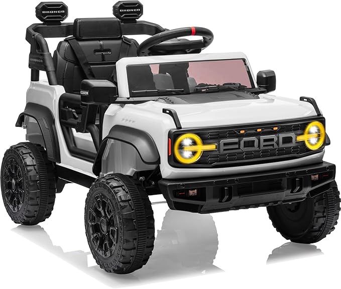 First Ride On Ford Bronco Raptor 12V Toddler Ride on Toys, Safe Kids Ride on Truck with Remote Control, Children Electric Cars with 4 Wheels Suspension, Radio, Music, Bluetooth (12V, White)