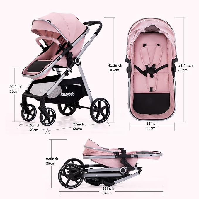 2-in-1 Baby Stroller - Folding Infant Newborn Pram Stroller with Reversible Seat - Toddler Strollers for 0-36 Months Old Babies (Pink)