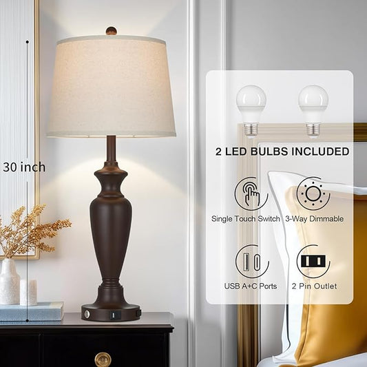 Cinyirong 30" Tall Metal Table Lamps Set of 2, Touch Control Bedside Lamps for Bedroom Nightstand, 3-Way Dimmable Farmhouse Lamp for Living Room with Charging Ports, Brown (2 LED Bulbs Included)