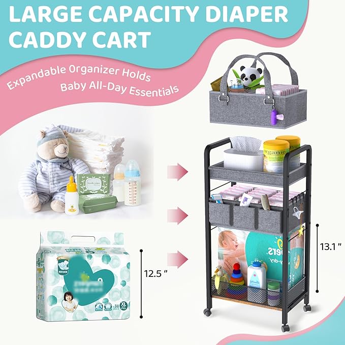 JRANBRJS 2IN1 Baby Diaper Caddy Organizer-3 Tier Rolling Storage Cart with Dividers - Bedside Diaper Caddy Cart for Baby Nursery Newborn Essentials-Mobile Utility Carts with Wheels for Changing Table
