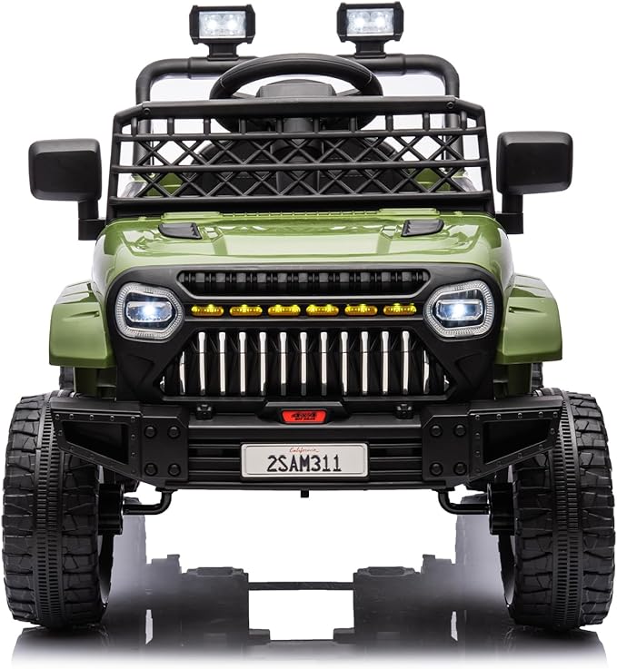 12V Ride On Car for Kids Electric Vehicle Toddlers Battery Powered Truck Car Toy with Remote Control, 4-Wheel Suspension, Battery Display, LED Lights, Music, for Boys Girls, Army Green