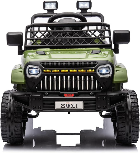 12V Ride On Car for Kids Electric Vehicle Toddlers Battery Powered Truck Car Toy with Remote Control, 4-Wheel Suspension, Battery Display, LED Lights, Music, for Boys Girls, Army Green