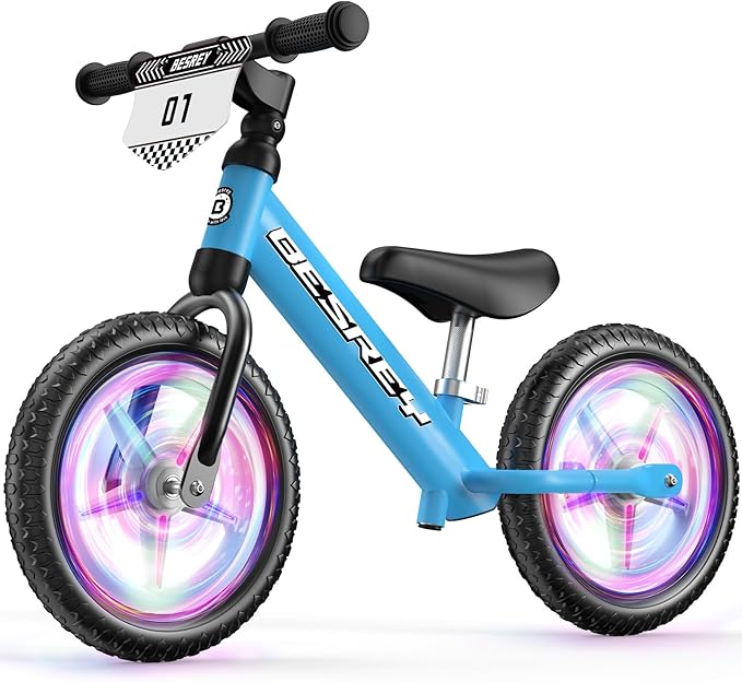 besrey Toddler Balance Bike 2 Year Old: All-Metal Frame & 12" Self-Lighting Wheels, Custom Plate w/Bonus 4 Sets of Stickers, Kids Bike with Adjustable Seat, Bike Gift for 2 3 4 5 Year Old Boys Girls