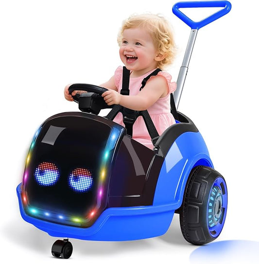 ANPABO 3-in-1 Electric Push Ride On Car, 12V Kids Ride On Toy w/Remote Control, 360° Spin, LED Display, 5-Point Safety Belt, Colorful LED Light, Music Player, Push Car for Toddler Ages 1-3 (Blue)