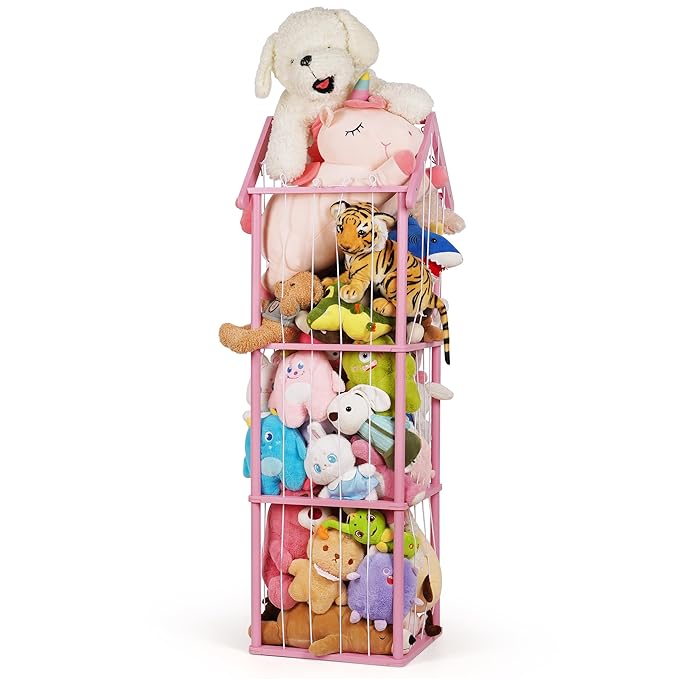 Edudif Stuffed Animal Storage, Space Saving Vertical Stuffed Animal Holder Wood, Easy Assembly Cottage-Style Plush Toys Organizer for Kids Bedroom & Playroom (Pink, Large)