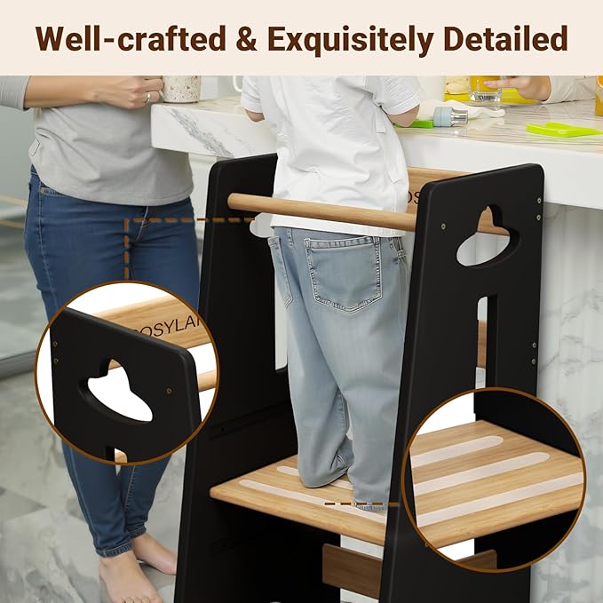 COSYLAND 3 Levels Adjustable Toddler Standing Tower - 33.5IN/85CM Stable Kids Kitchen Step Stool with Protective Crossbar - Wooden Toddler Kitchen Stool Helper(Black & Natural)
