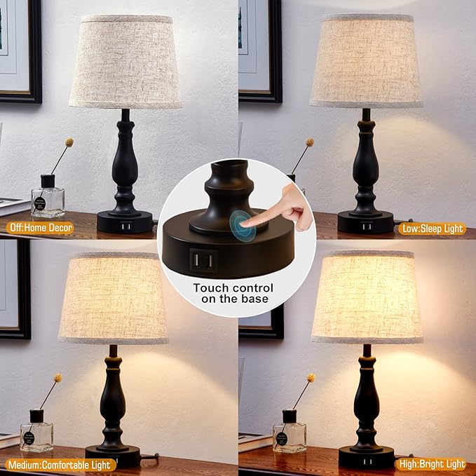 EJIAXIN Table Lamps Set of 2, Bedside Nightstand Lamps with USB Charging Ports,Dimmable Touch with Linen Fabric Lampshade, Modern Small Lamp for Bedrooms, Living Room (Bulbs Included)