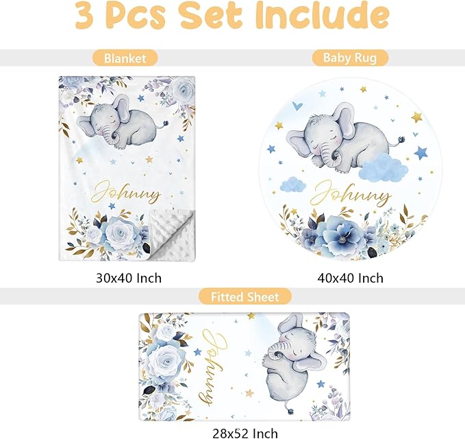 Custom Baby Bedding Set, 3 Pcs Personalized Name Crib Bedding Set for Nursery, Cute Baby Crib Set with Double Layer Blanket for Boys Girls, Customized Gifts for Toddlers Infants, Blue Elephant