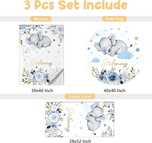Custom Baby Bedding Set, 3 Pcs Personalized Name Crib Bedding Set for Nursery, Cute Baby Crib Set with Double Layer Blanket for Boys Girls, Customized Gifts for Toddlers Infants, Blue Elephant