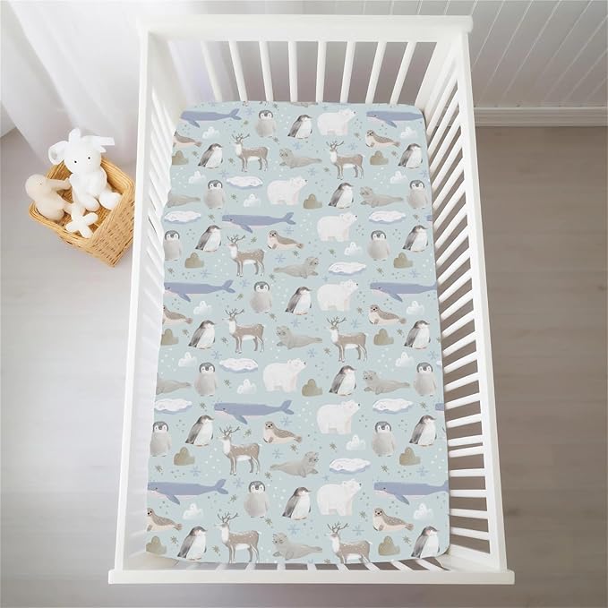 Cute Frosty Arctic Animals Baby Crib Sheets for Boy Girl Bear Penguins Deer Whale Snowflakes Soft Snug Fitted Crib Mattress Covers for 52x28 Standard Crib & Toddler Mattress Snowy Winter Baby Sheets