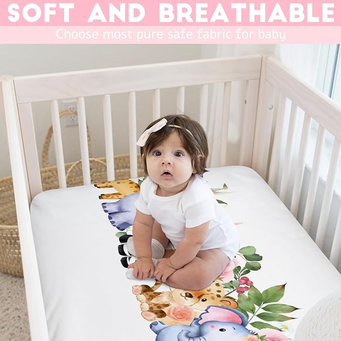 Baby Jungle Safari Animals Tropical Leaves Flowers Baby Crib Sheet 52''x28'' Fitted Crib Mattress Cover for Boy Girl Nursery Toddler Bed Sheet Fits Standard Crib and Toddler Mattresses Floral