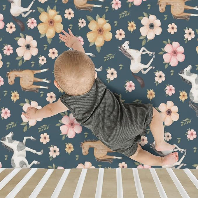 Watercolor Horse Floral Baby Crib Sheets for Boy Girl 52"x28" Running Horses Boho Flowers Soft Snug Fitted Crib Mattress Cover Wild Animals Baby Sheet for Standard Crib & Toddler Bed Mattress Navy