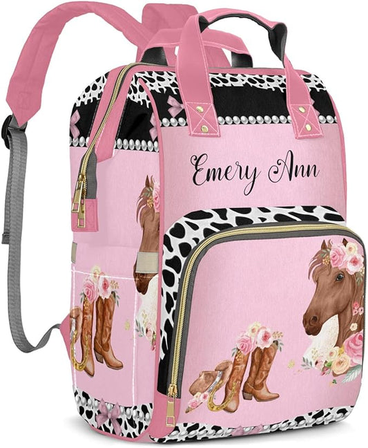 Personalized Cowgirl Horse Floral Custom with Name Diaper Bag Backpack For Baby Boy Girl Dad Mom Unisex for Adult Daypack Holiday Gift