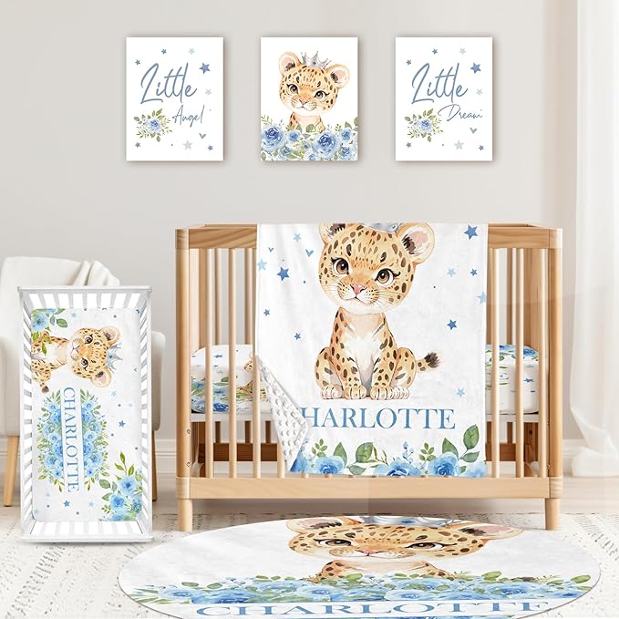 Personalized Baby Crib Bedding Set: 4 Piece Custom Blue Floral Leopard Crib Bed Set with Name, Nursery Bedding Set for Baby Girls, Newborn Boys Crib Sets, Crib Bedding Custom Gift, Crib Sheet