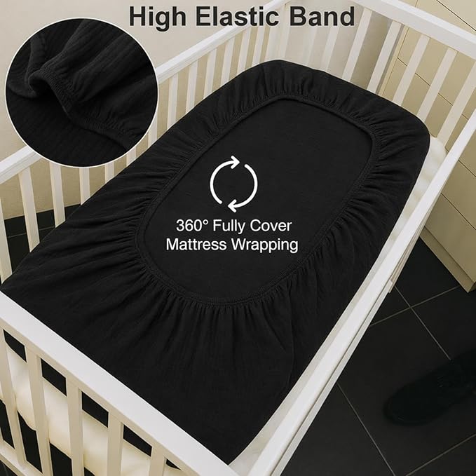 2 Pack Muslin Crib Sheets for Boys & Girl- Neutral Breathable Cotton Crib Mattress Sheets Fitted for Standard 28"x 52"- Nursery Décor No Slip Bed Sheets- Black & White