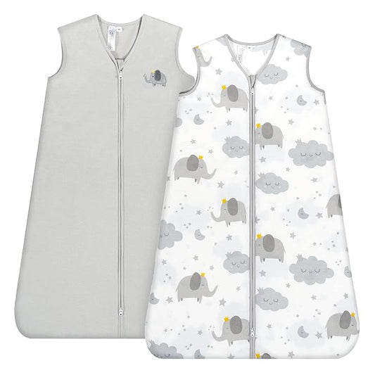 TILLYOU 2 Pack Baby Sleep Sack 12-18 Months 100% Cotton Wearable Blanket 0.5 TOG Sleeveless Summer Sleep Sacks with 2-Way Zipper, Grey Elephant & Cloud