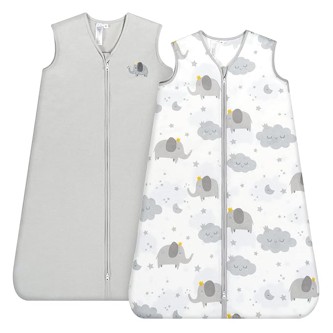 TILLYOU 2 Pack Baby Sleep Sack 18-24 Months 100% Cotton Wearable Blanket 0.5 TOG Sleeveless Summer Sleep Sacks with 2-Way Zipper, Grey Elephant & Cloud