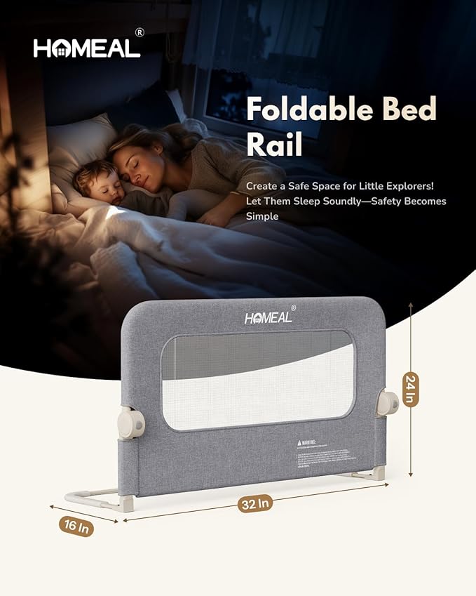 HOMEAL Bed Rail for Toddlers - 32"x24" Foldable Baby Bed Rail Guard - Breathable Bed Rail for Twin, Full, Queen, King Beds, Grey, 1 Pack
