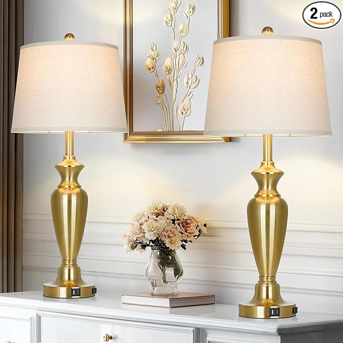 luxeflow 30" Tall Gold Table Lamps Set of 2 for Living Room, Touch Control Bedside Lamps for Nightstand, 3-Way Dimmable Bedroom Table Lamp with USB A+C Ports and AC Outlet (2 LED Bulbs Included)
