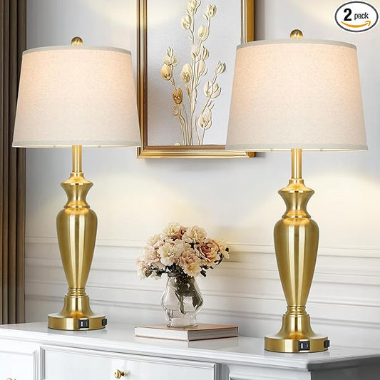 luxeflow 30" Tall Gold Table Lamps Set of 2 for Living Room, Touch Control Bedside Lamps for Nightstand, 3-Way Dimmable Bedroom Table Lamp with USB A+C Ports and AC Outlet (2 LED Bulbs Included)