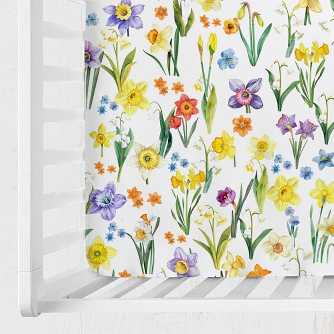 Watercolor Flowers Baby Crib Sheet 52''x28'' Colorful Floral Leaves Stretchy Fitted Crib Mattress Cover for Boy Girl Wild Plants Soft Nursery Baby Sheets for Standard Crib and Toddler Mattresses