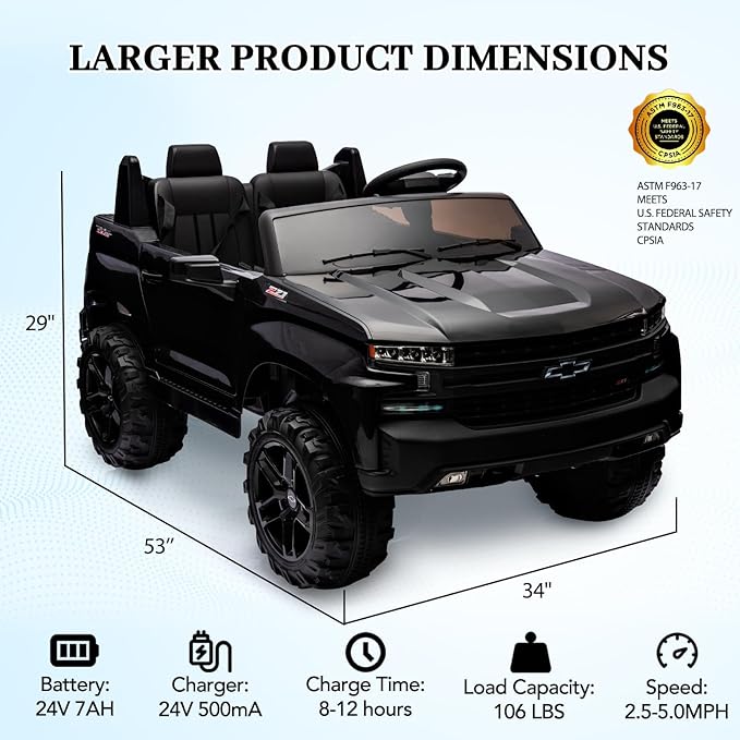 Hetoy 24V 2-Seater Truck Licensed Chevrolet Silverado Ride On Car Toy w/Parent Remote Control,4xSpring Suspension, 3 Speeds, Wireless Music, MP3 Player, Electric Vehicle Car for Kids, Black