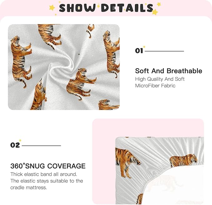 Tropical Tigers Animal Grey Crib Sheets Soft Breathable Fitted Baby Crib Sheets Mattress Cover for Girls Boys, 52" x 28" x 9"
