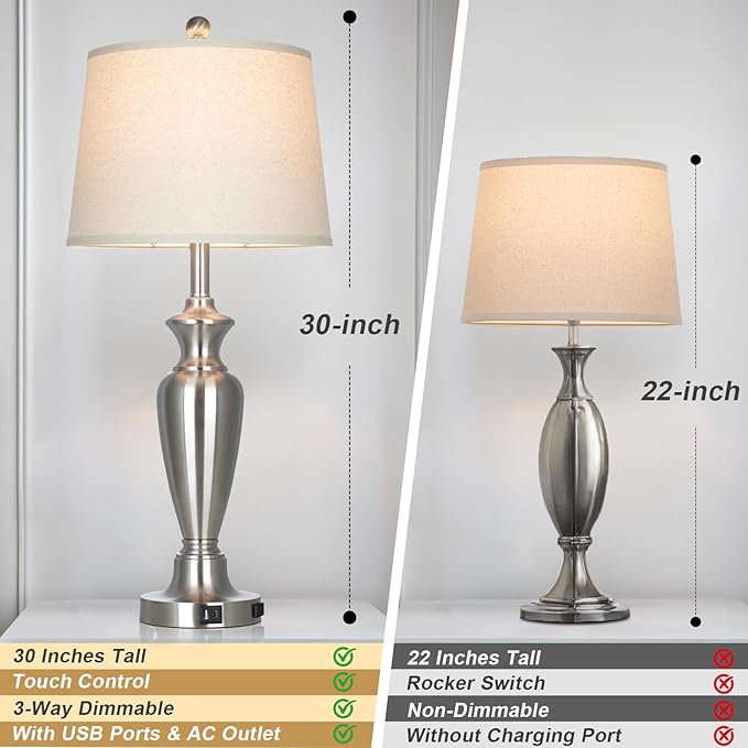 luxeflow 30" Tall Silver Table Lamps Set of 2 for Living Room, Touch Control Bedside Lamps for Nightstand, 3-Way Dimmable Bedroom Table Lamp with USB A+C Ports and AC Outlet (2 LED Bulbs Included)