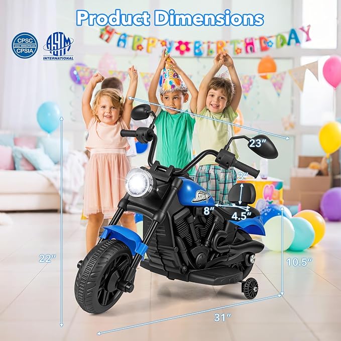 HONEY JOY Toddler Motorcycle, 6V Battery Powered Electric Motorcycle for Kids, Detachable Training Wheels, Music, Foot Pedal, Headlights, Forward/Backward, 3-Wheel Ride On Toy for Boys Girls (Blue)