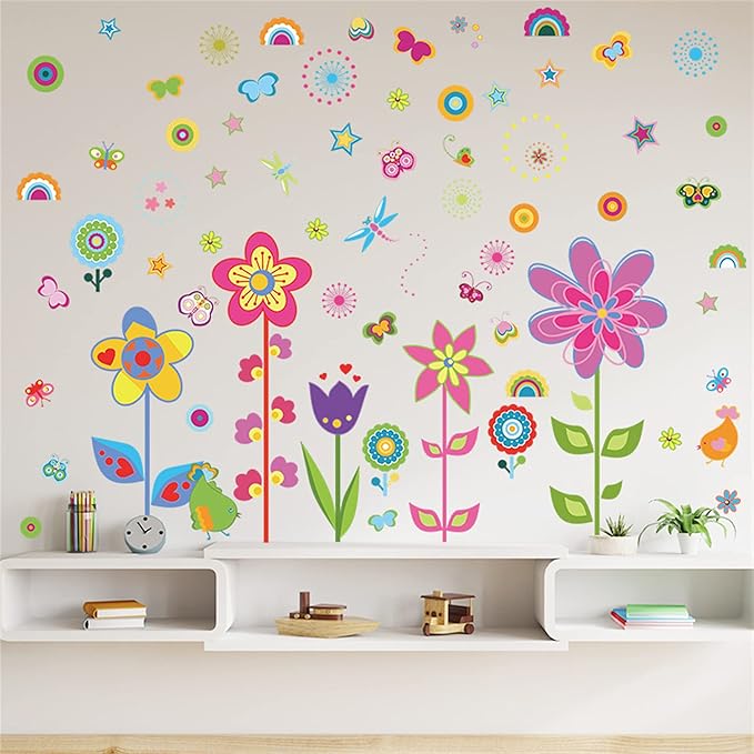 ROFARSO Colorful Cute Cartoon Wall Sticker for Kid Removable Peel and Stick Wall Decal DIY Decoration for Nursery Baby Girls Bedroom Playroom Living Room (Flowers)