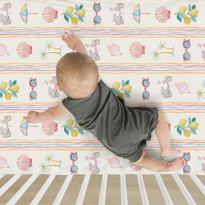 Boho Summer Beach Baby Crib Sheets for Girl 28"x52" Retro Lemon Palm Tree Sunglass Seashells Soft Snug Fitted Crib Mattress Cover Coastal Seaside Baby Sheet for Standard Crib & Toddler Bed Mattress