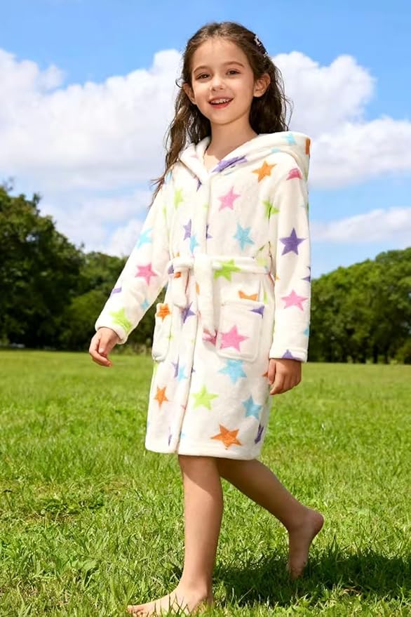 Boys Girls Robe Kids Flannel Hooded Bathrobe Sleepwear Pajamas Toddler Soft Plush Robes for Girls 2-16 Years