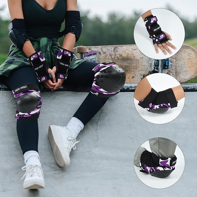 Adult/Youth/Kids Knee Pads and Elbow Pads Set Skateboard Protective Gear, 6 in 1 Knee Guards Kids Wrist Guards for Roller Skating Skateboarding Biking