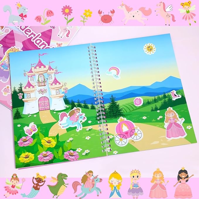 OIBUTUR Jelly Sticker Books for Toddlers 2-4 Years, Reusable Sticker Book for Kids 1-3, Toddler Stocking Stuffers＆Travel Essentials Princess Stickers for Kids Toddler Plane Activities (Wonderland)